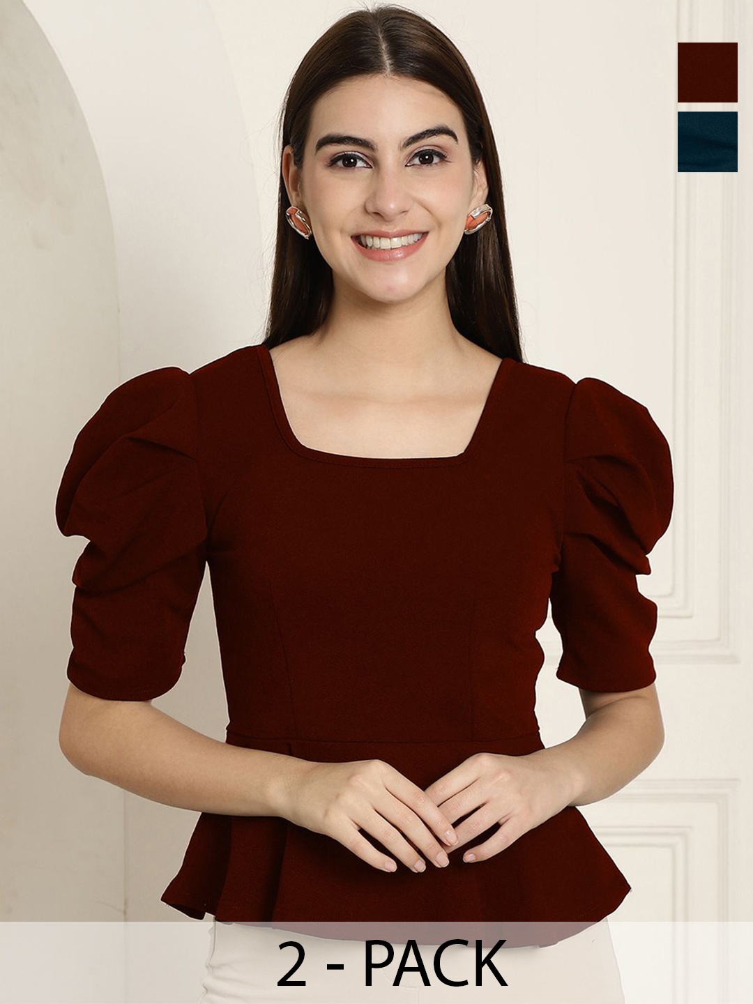 

Tromko Women Puff Sleeve Square Neck Top, Multi