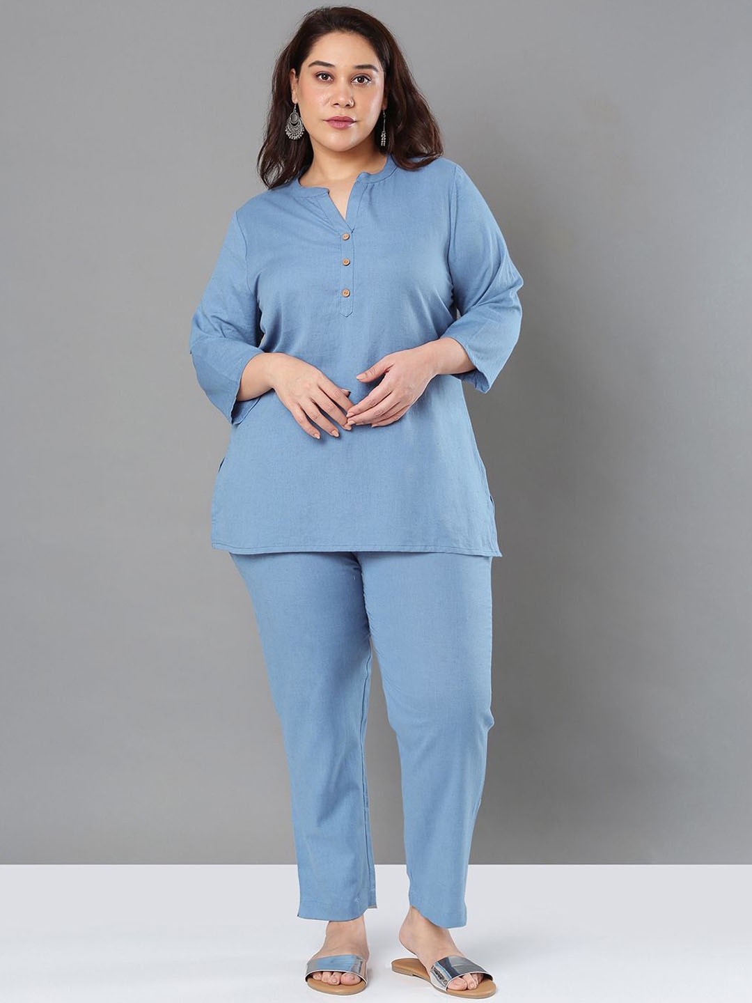 

Sztori Pure Cotton Mandarin Collar Top With Trousers Co-Ords, Blue