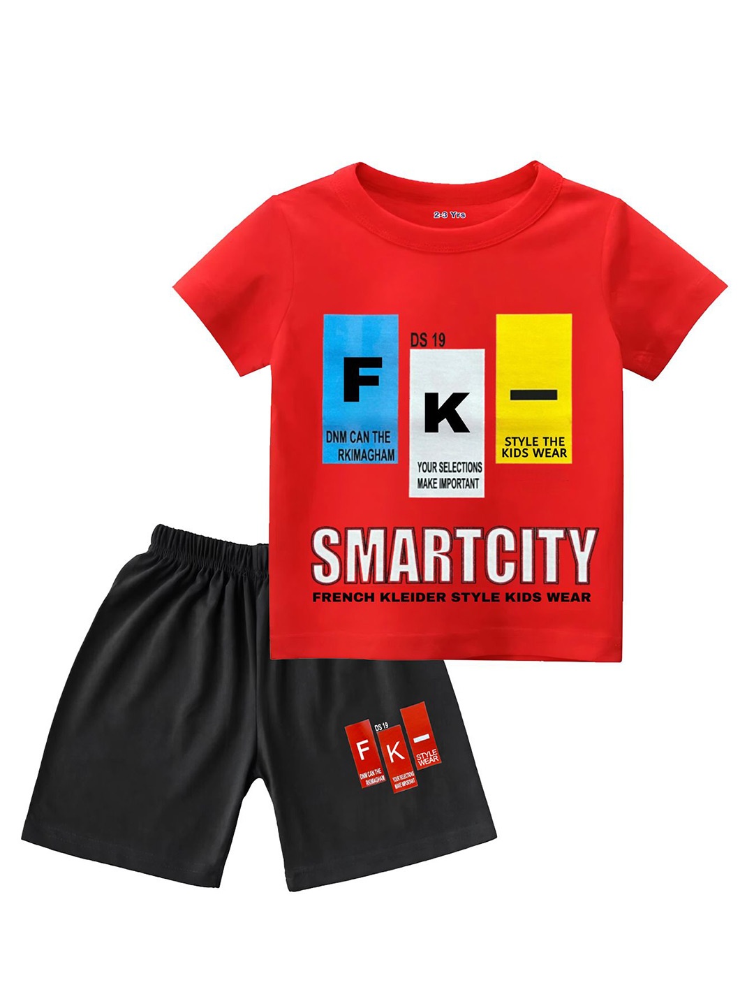 

FRENCH KLEIDER Boys Printed Round Neck Pure Cotton T-shirt With Shorts, Red