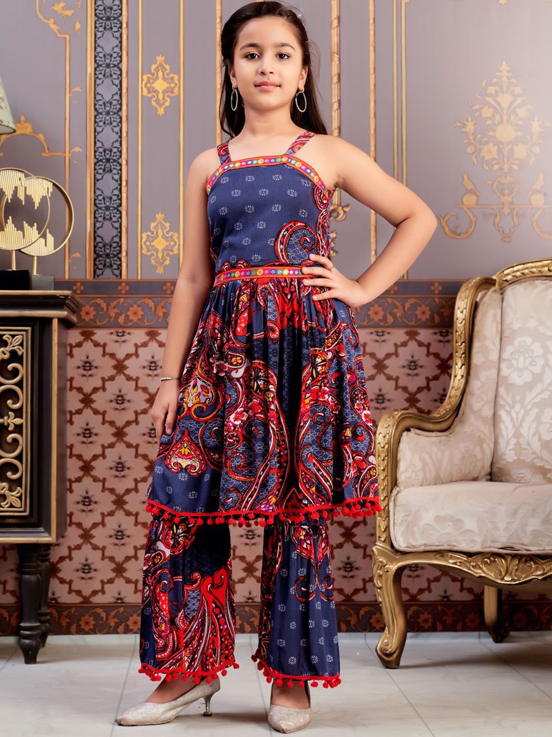 

Sangria Girls Printed Kurta Sharara Set, Navy blue