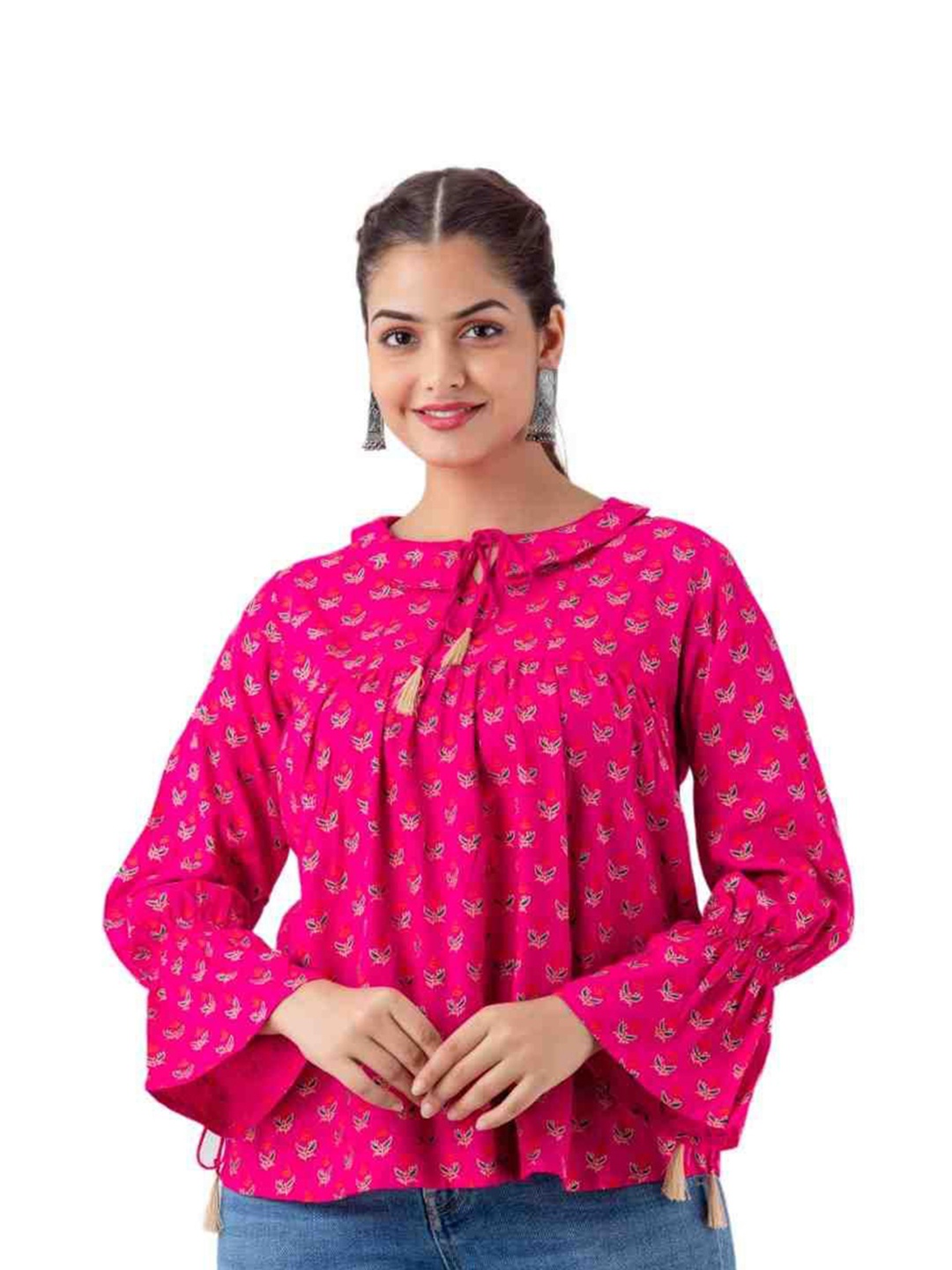 

DMP FASHION Floral Print Tie-Up Neck Bell Sleeve Top, Pink