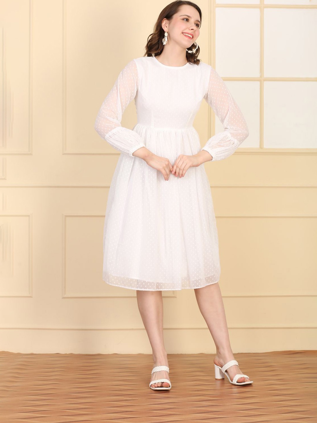 

GEETUES Embellished Bishop Sleeve Georgette Fit & Flare Dress, White