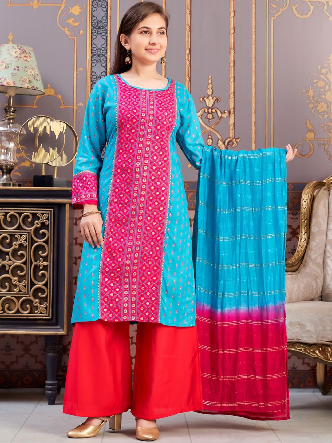 

Sangria Girls Foil Printed Straight Kurta, Blue
