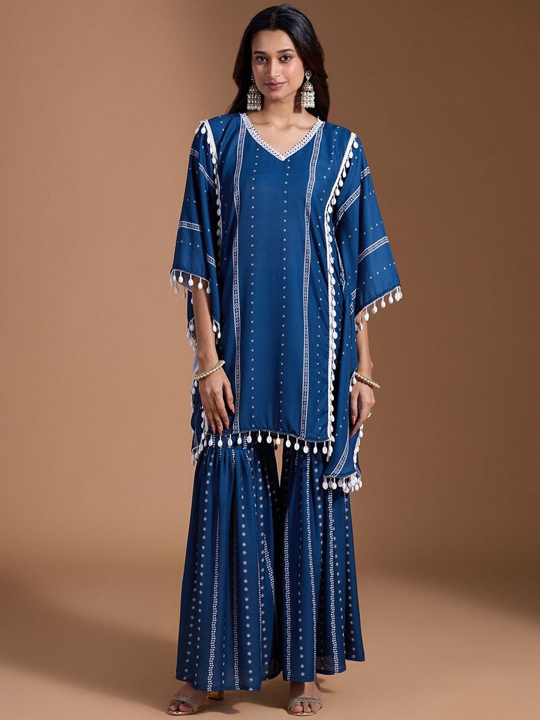 

Moda Rapido Ethnic Motifs Printed V-Neck Chinon Kaftan Kurta With Sharara, Teal