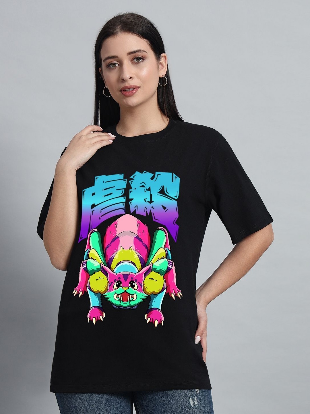

N1F FASHION Women Drop-Shoulder Sleeves T-shirt, Black
