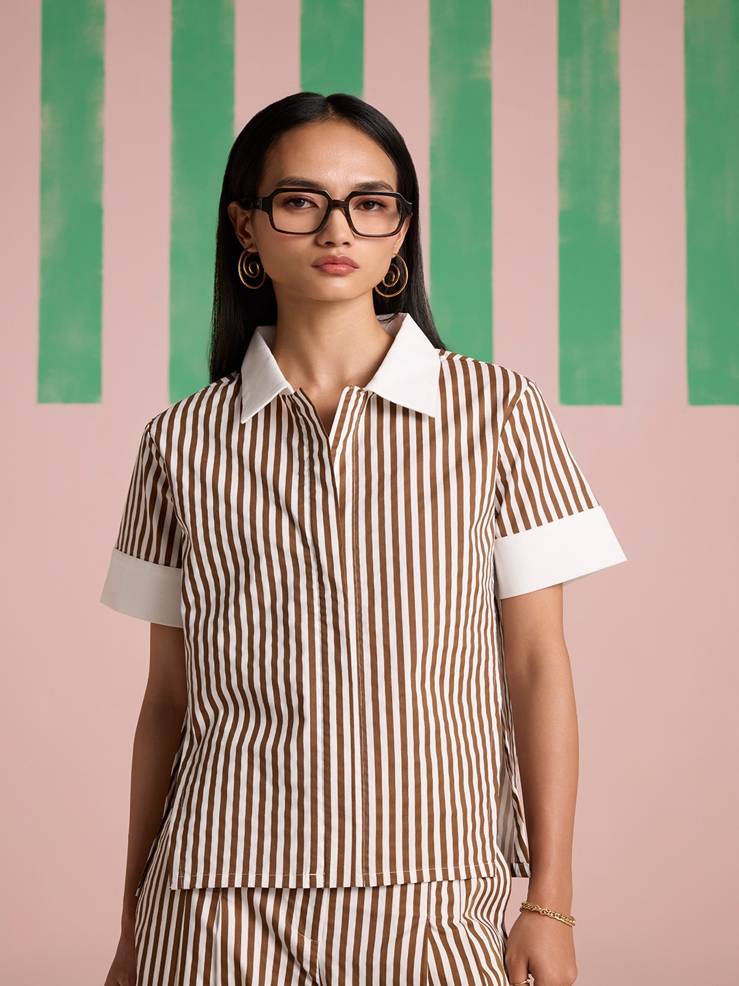 

Muvazo Striped Shirt Collar Top With Trousers Co-Ords, Brown
