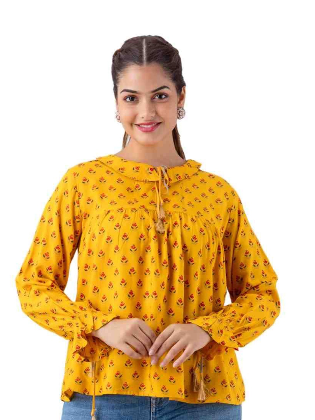 

DMP FASHION Floral Print Bell Sleeve Top, Yellow