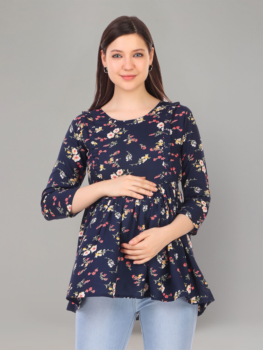 

Zuvino Floral Print Peplum Longline Top, Navy blue