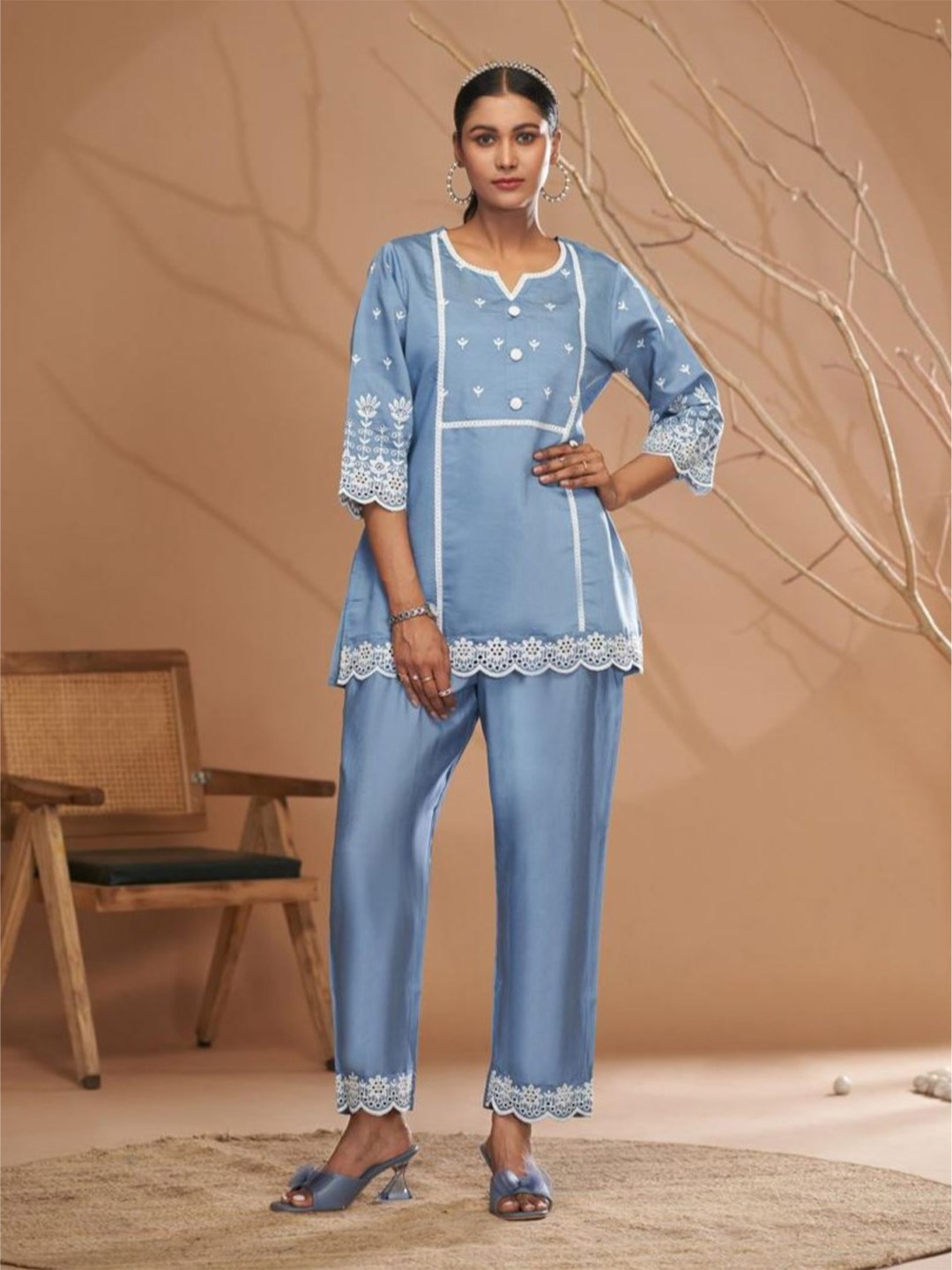 

AUTUMN LANE Jaideep Softblue Embroidered Tunic With Trousers Co-Ords, Blue