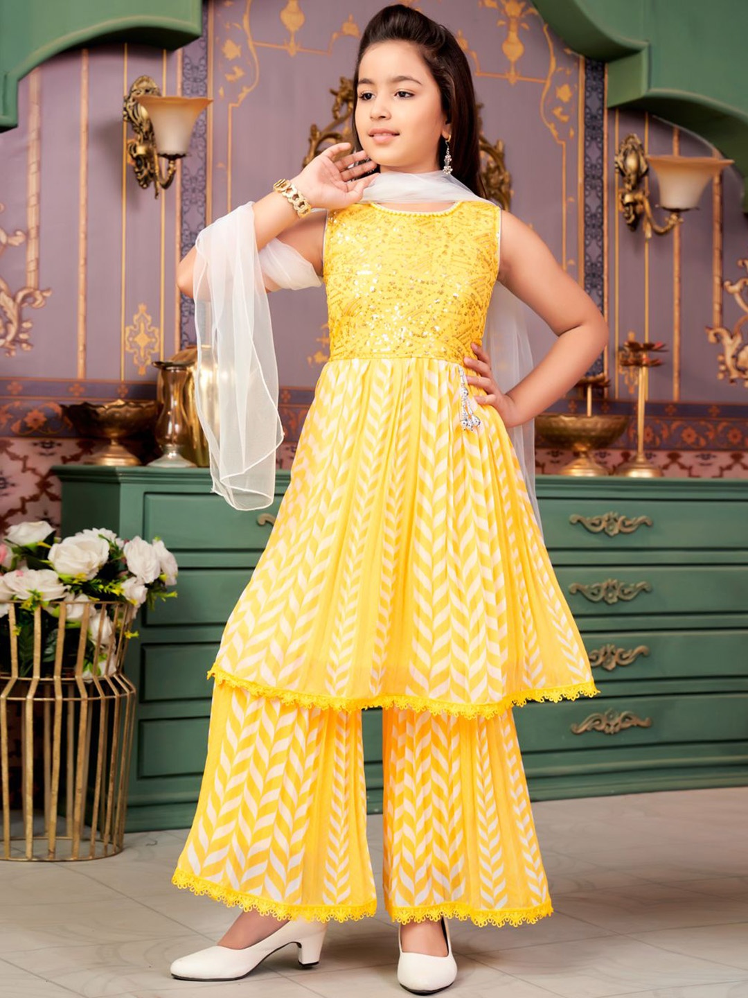 

Sangria Girls Embroidered Kurti Sharara Set With Dupatta, Yellow