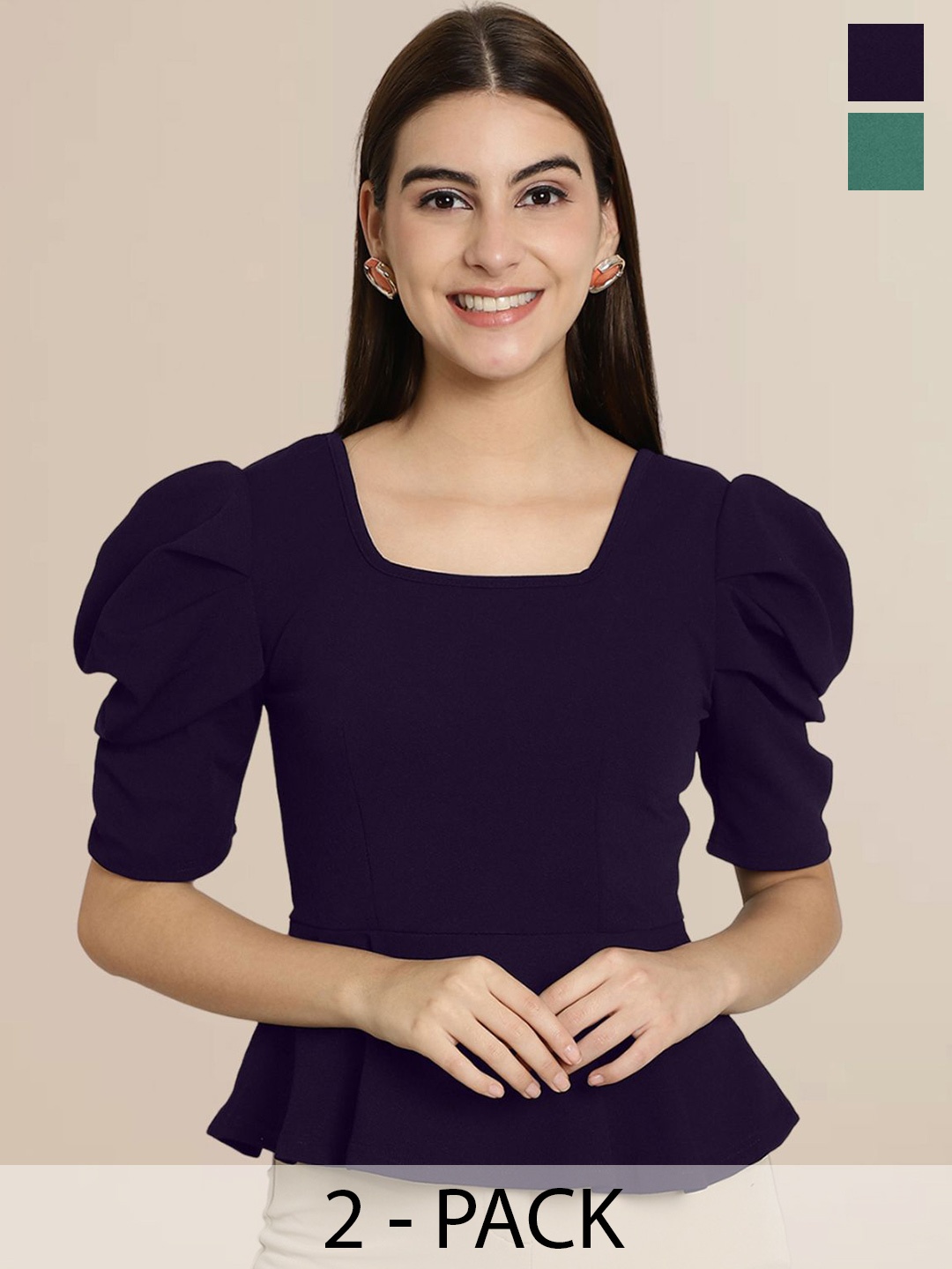 

Tromko Women Pack of 2 Puff Sleeve Top, Navy blue