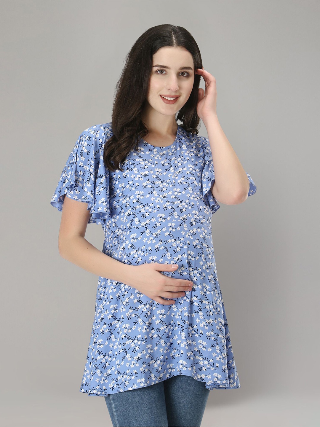 

Zuvino Floral Print Flared Sleeve Longline Top, Blue