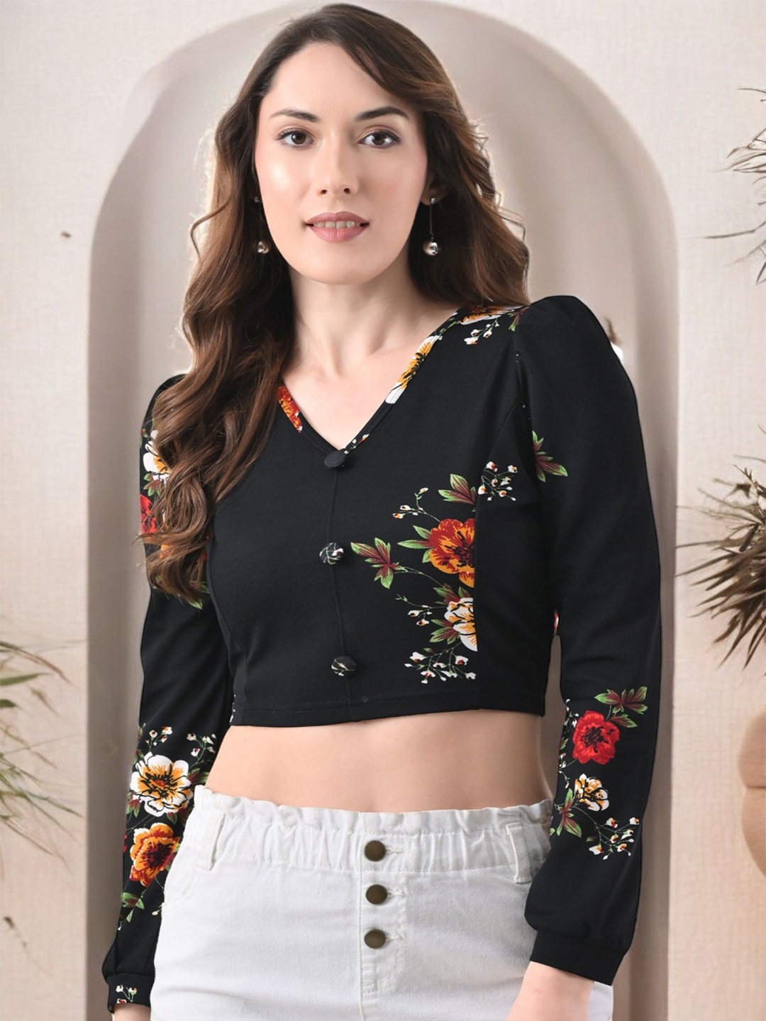 

Arbiter Collection Print Puff Sleeve Crop Top, Multi