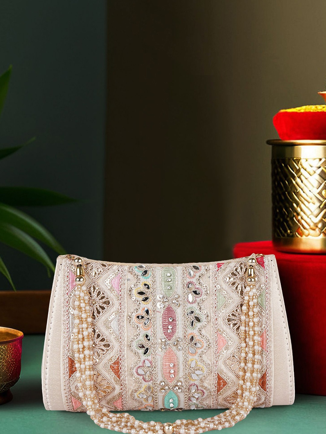 

PLANX Embroidered Potli Clutch, Cream