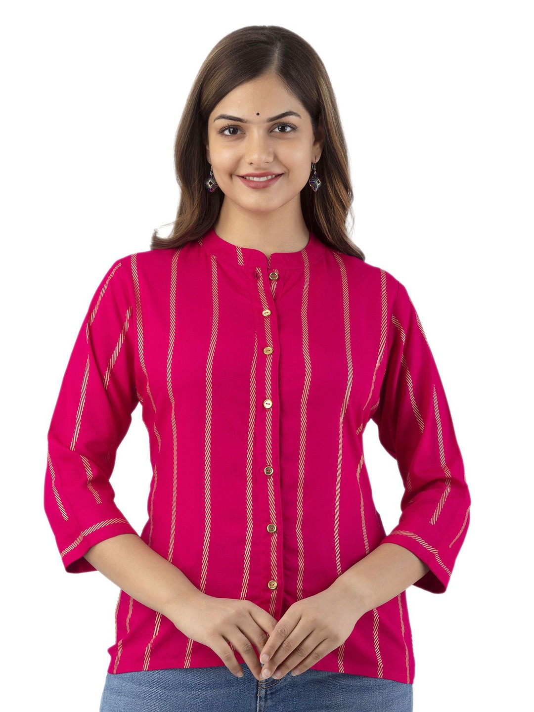 

DMP FASHION Striped Mandarin Collar Shirt Style Top, Pink