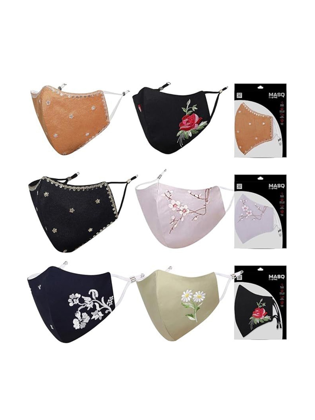 

MASQ Pack Of 6 Embroidered Organic Cotton 4-Layered Dust Production Masks, Black