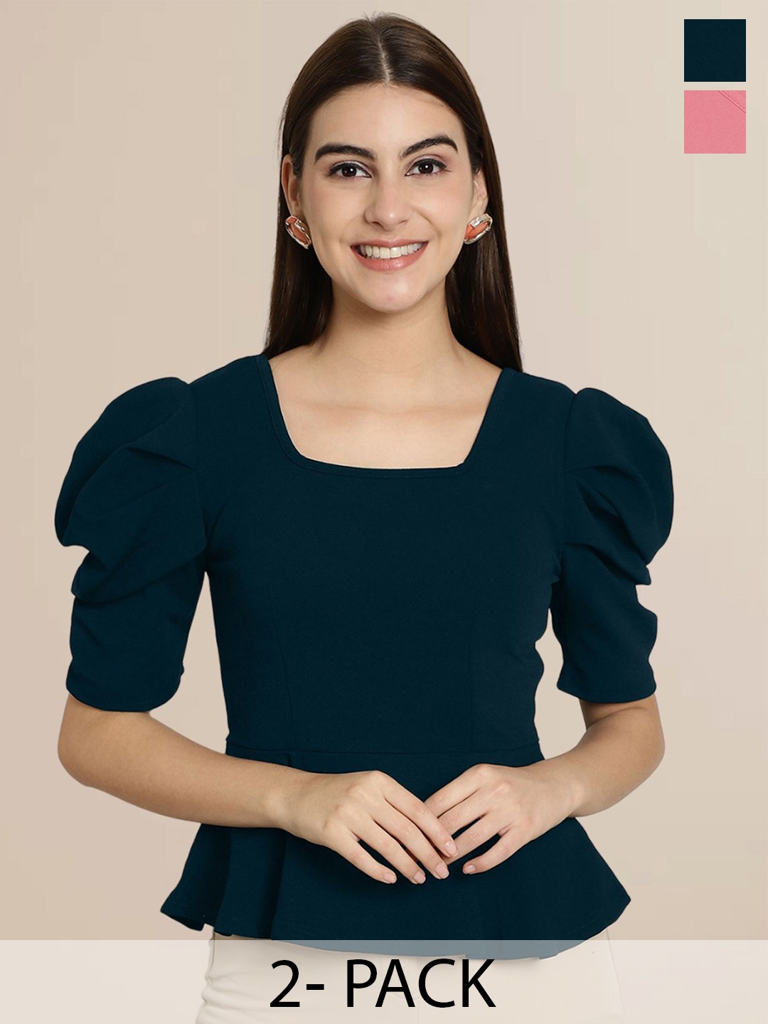 

Tromko Women Pack of 2 Puff Sleeve Top, Navy blue