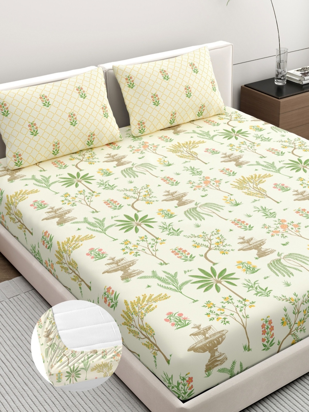 

Dreamscape Green Floral Printed Pure Cotton 200TC Fitted King Bedsheet Set 1.98 m x 1.83 m