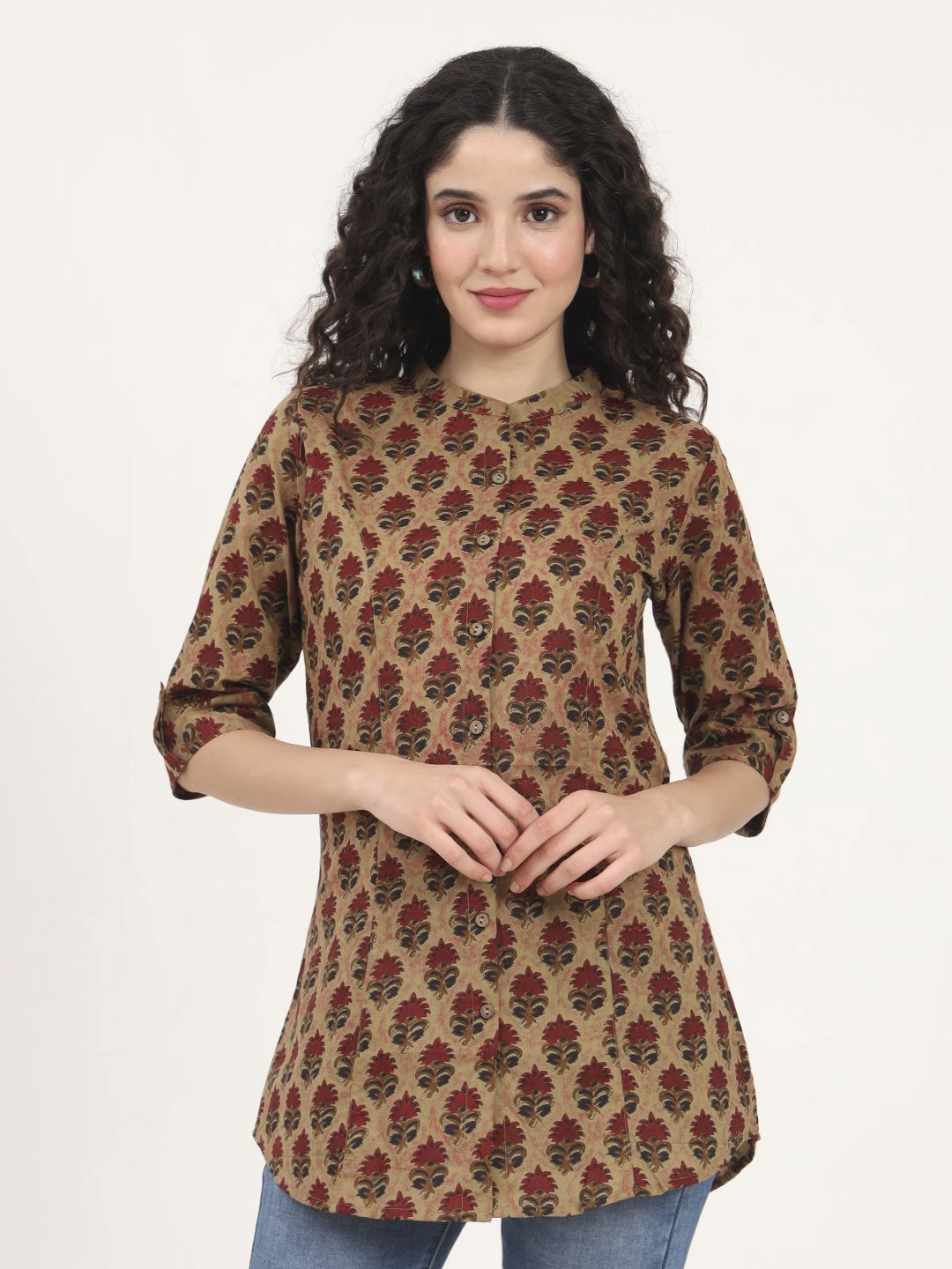 

KALINI Women Floral Print Mandarin Collar Roll-Up Sleeves Cotton Top, Brown
