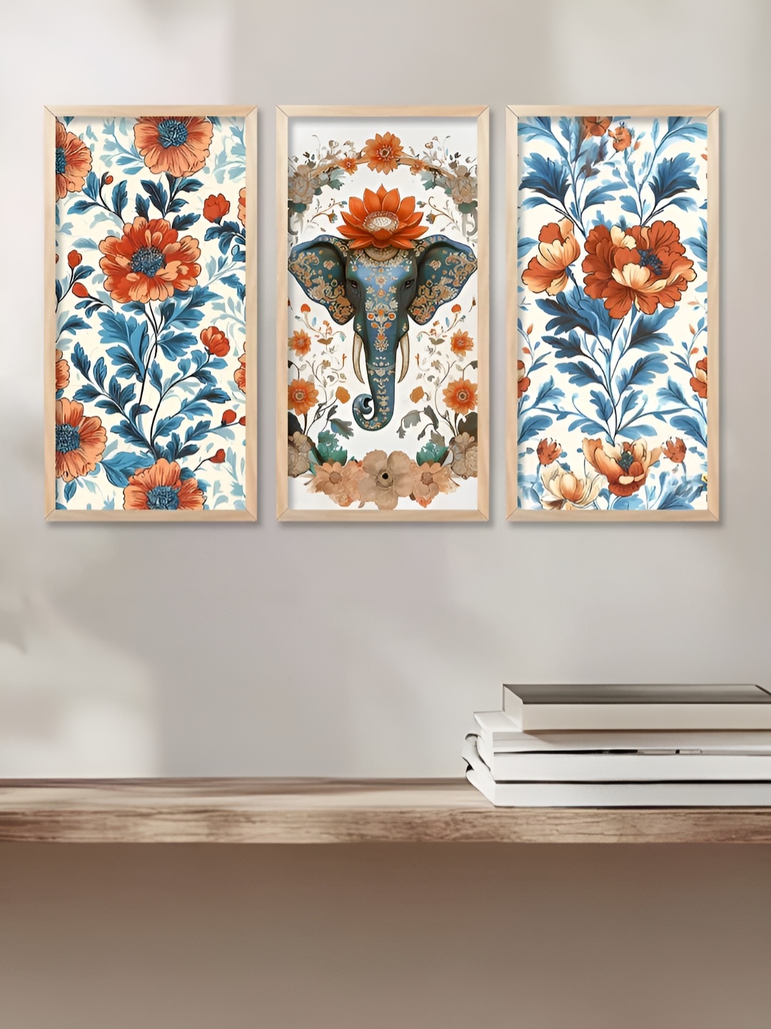 

WALLLANE White & Blue 3 Piece Wood Abstract Wall Paintings
