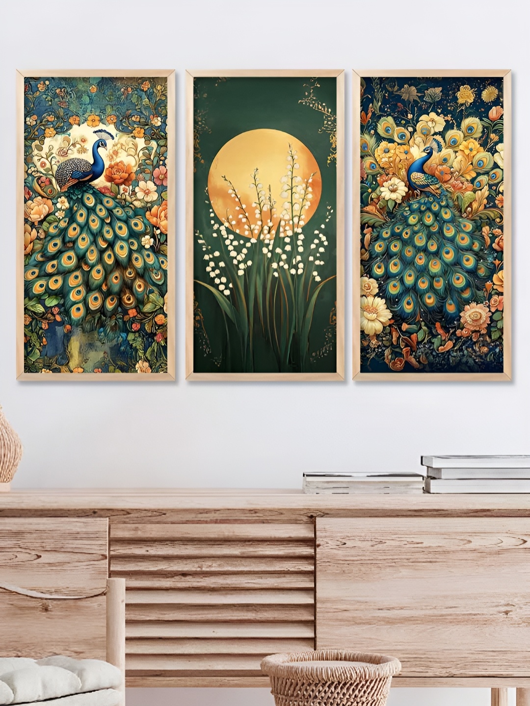 

WALLLANE Green & Yellow 3 Piece Wood Abstract Wall Paintings