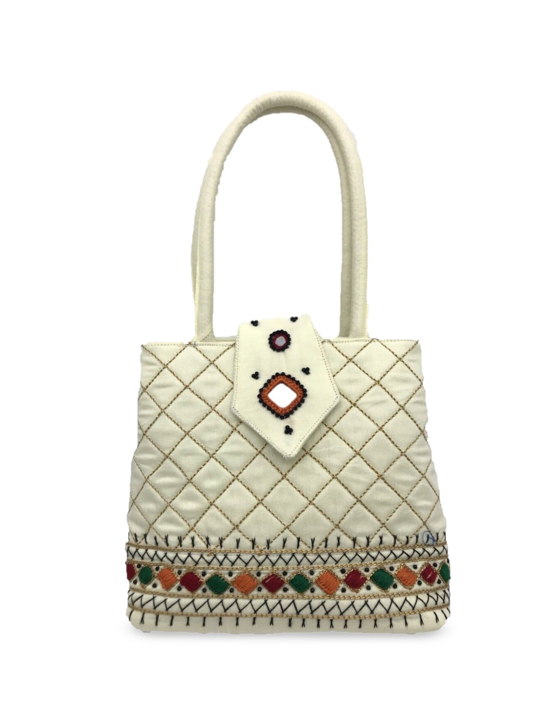 

SriShopify Handicrafts Embellished Structured Handheld Bag, White