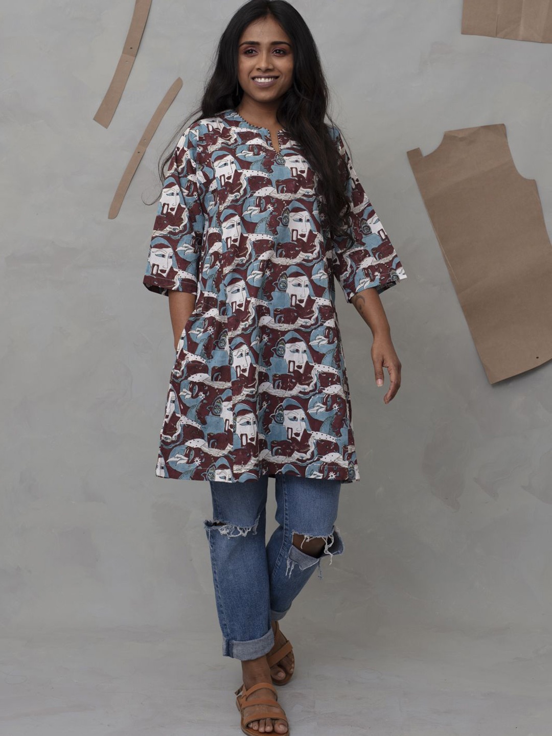 

WildMoss Print Keyhole Neck Dress, Coffee brown