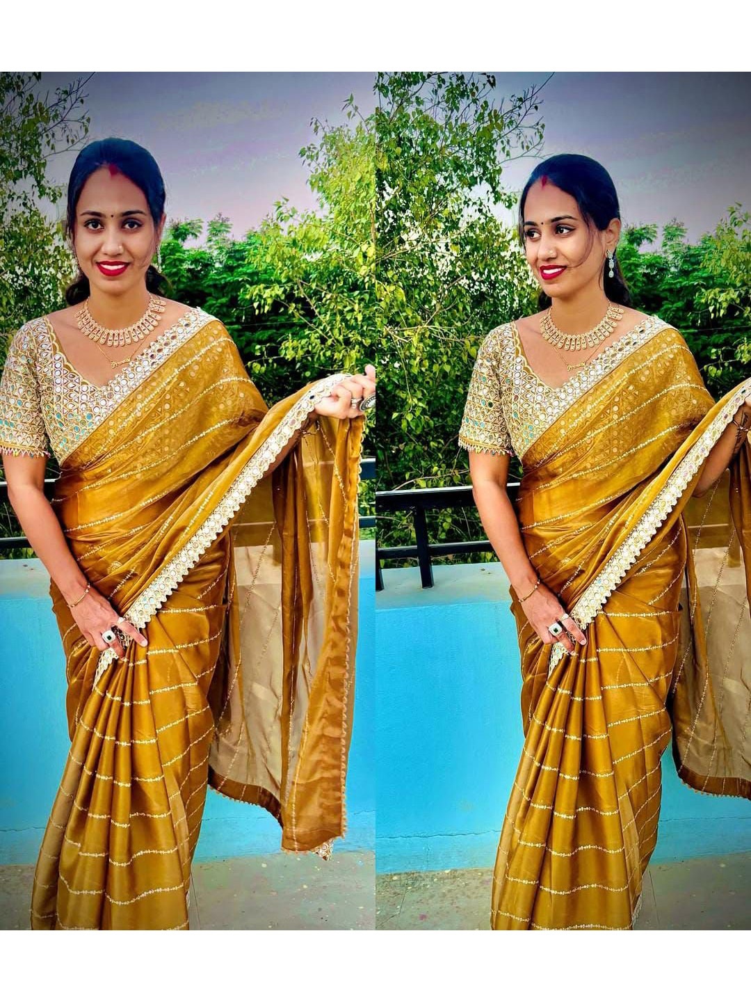 

MANSUBHA Nandaprema Striped Embroidered Mirror Work Tissue Saree, Mustard