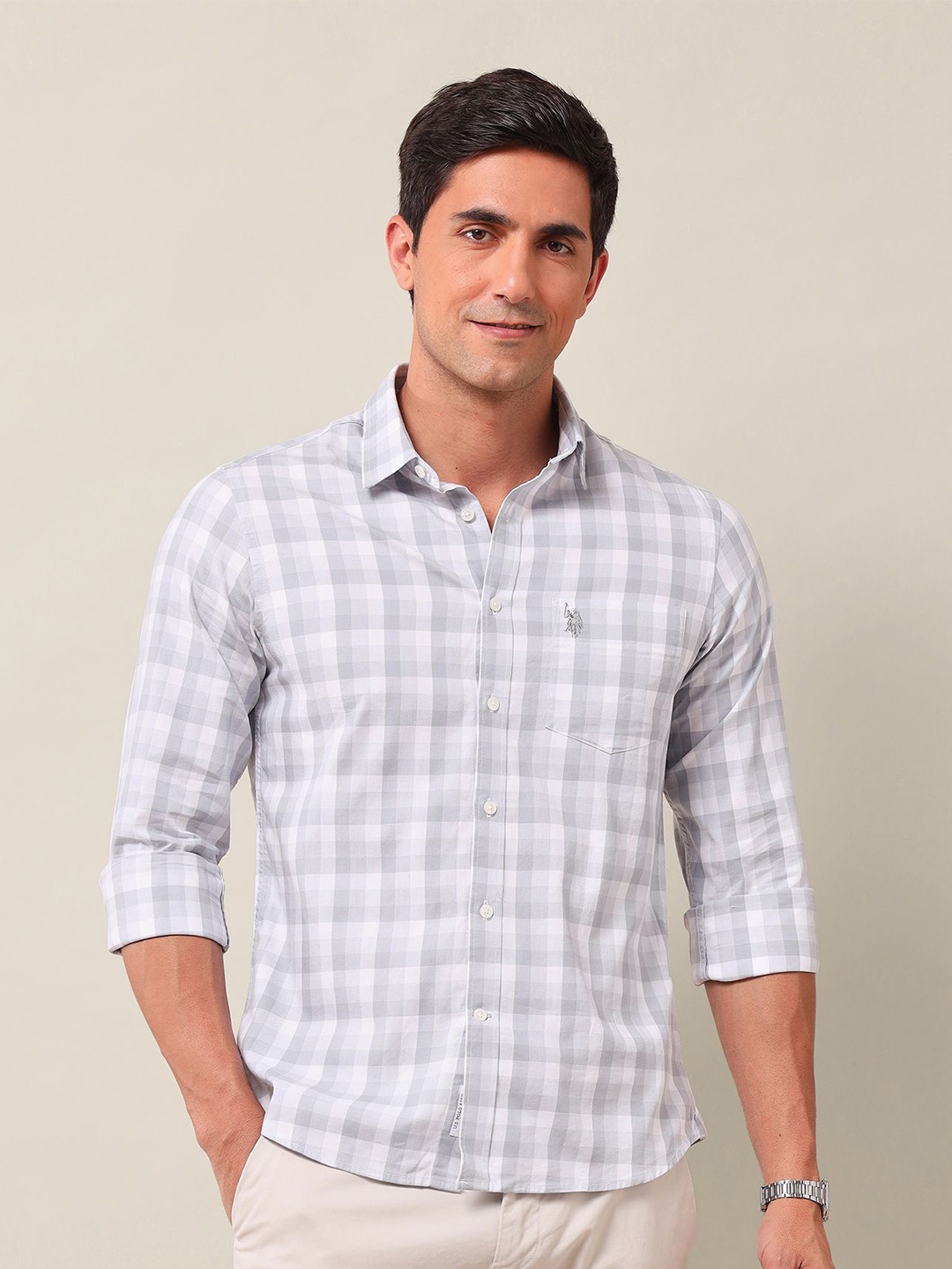 

U.S. Polo Assn. Men Classic Tailored Fit Opaque Checked Casual Shirt, Grey