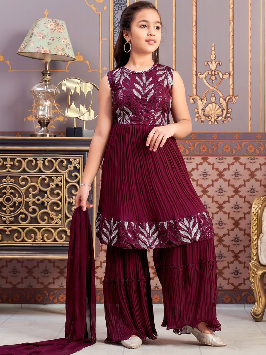 

Sangria Girls Embroidered Kurta & Sharara With Dupatta Set, Purple