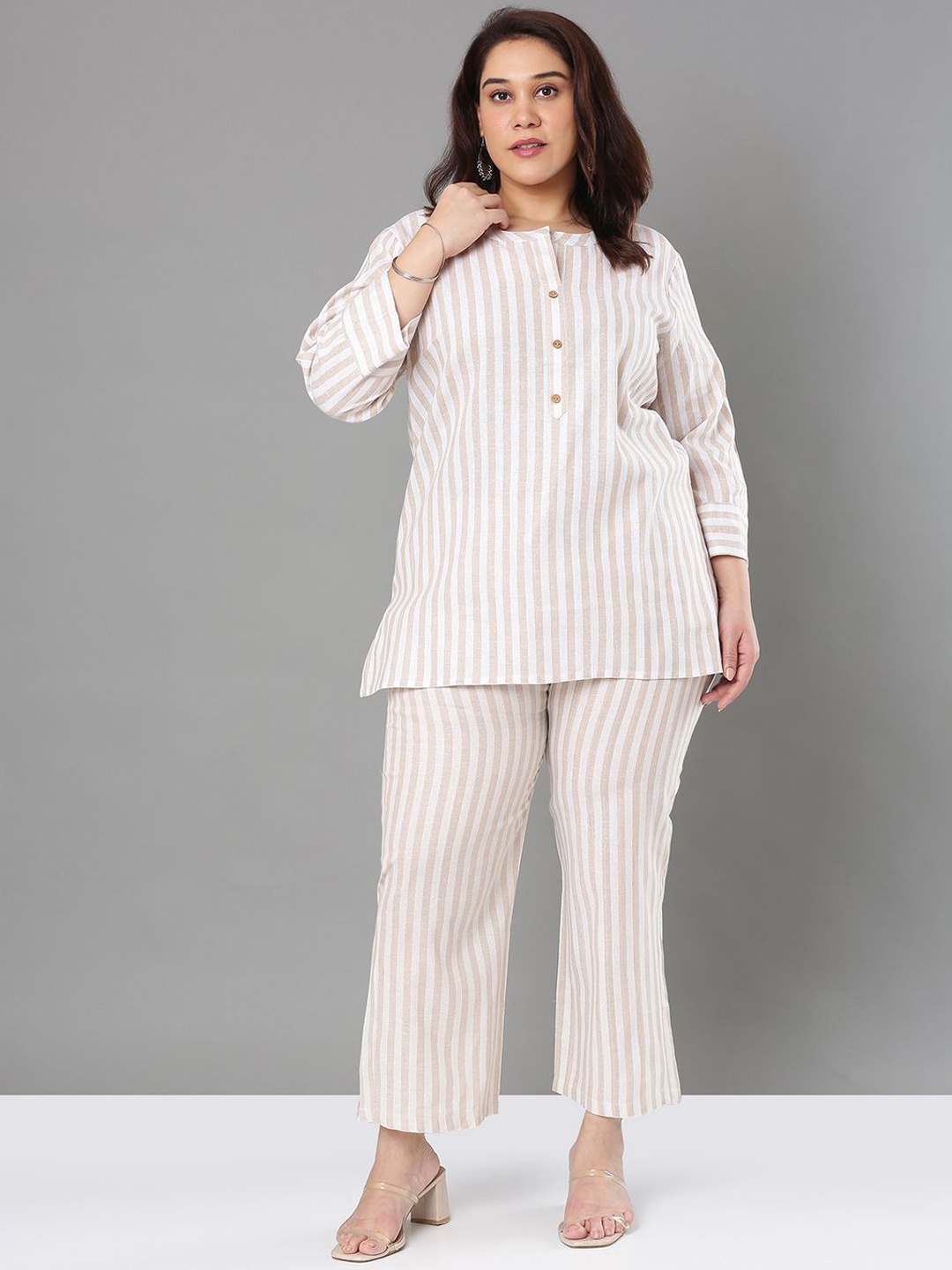 

Sztori Striped Pure Cotton Mandarin Collar Top With Trousers Co-Ords, White