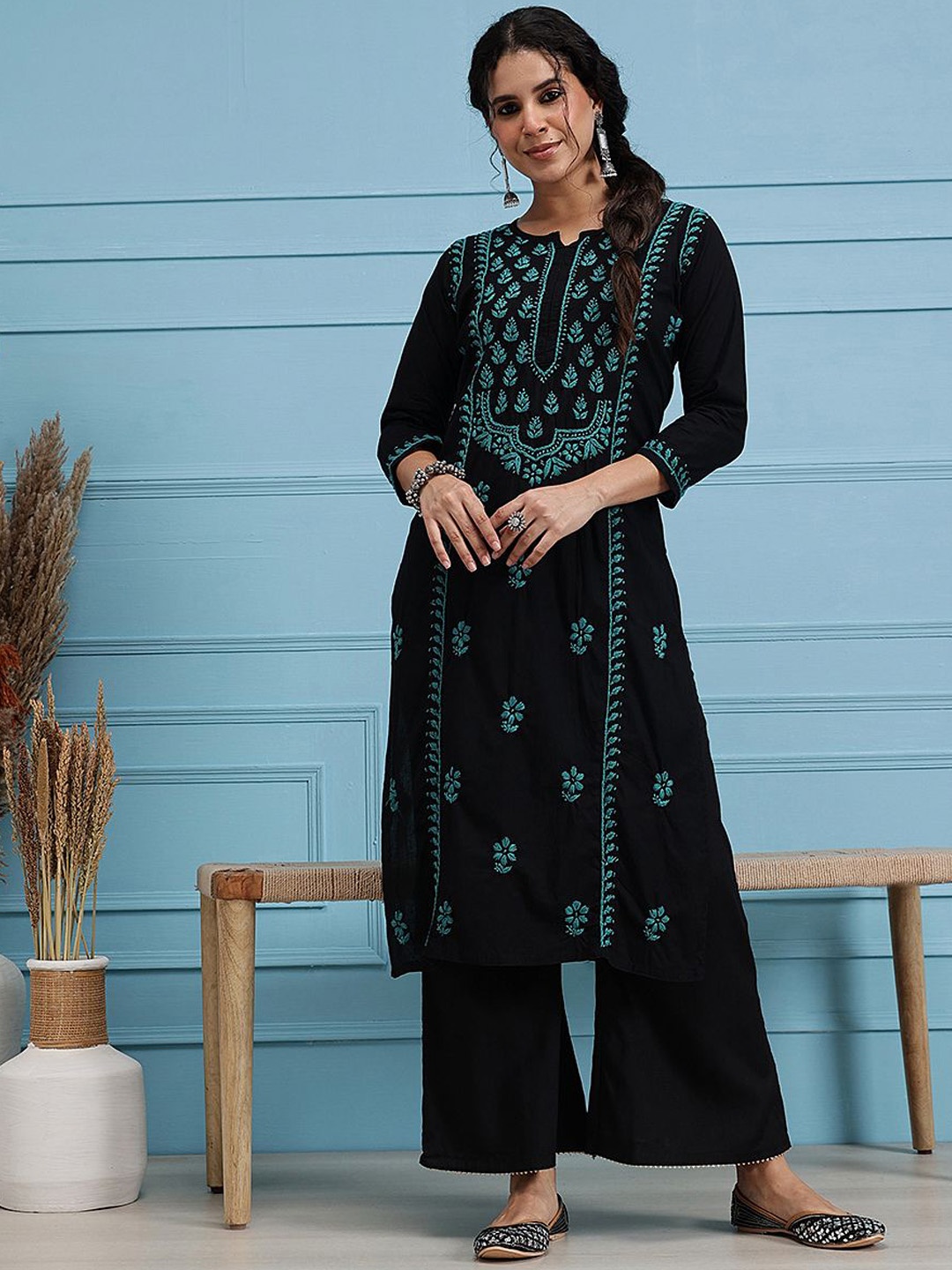 

ADA Women Ethnic Motifs Embroidered Chikankari Kurta, Black