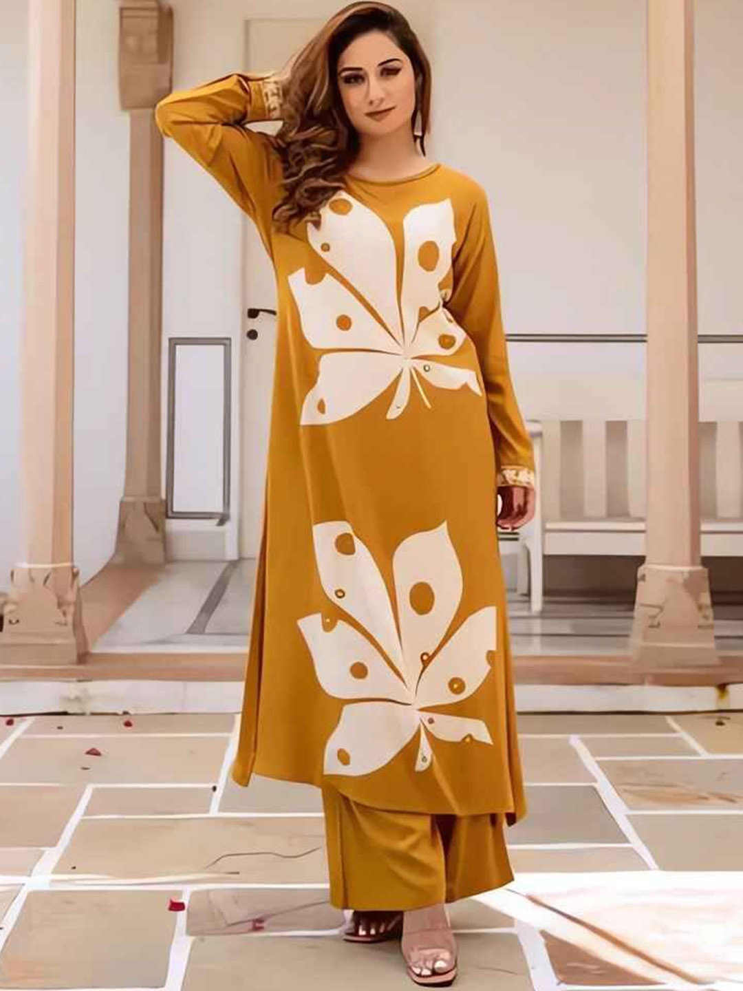 

Shriji fashion Women Floral Printed Regular Sequinned Kurta with Palazzos, Yellow