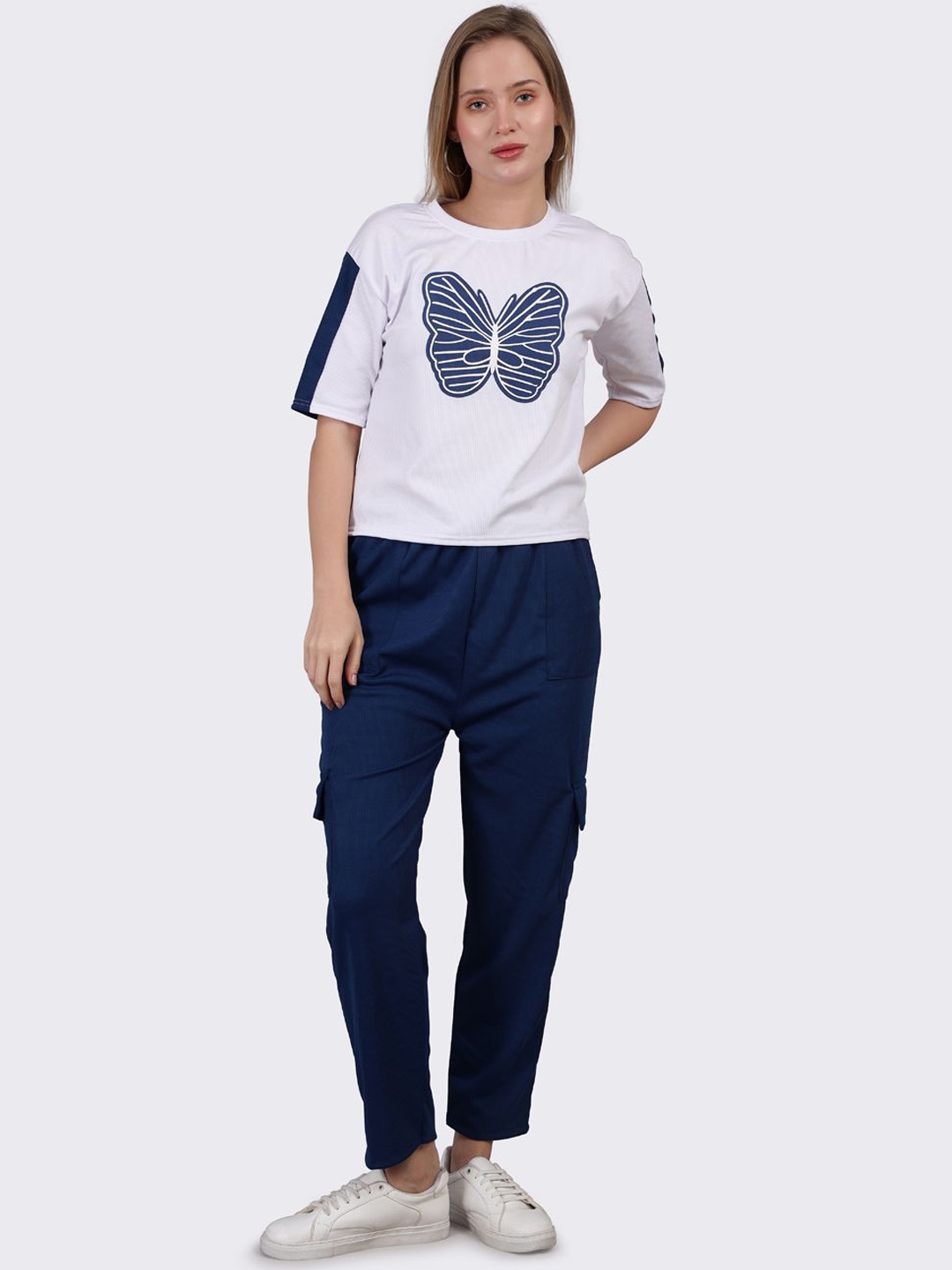

SMSHOPMORE Printed Pure Cotton T-Shirt With Trouser Co-Ords, Blue