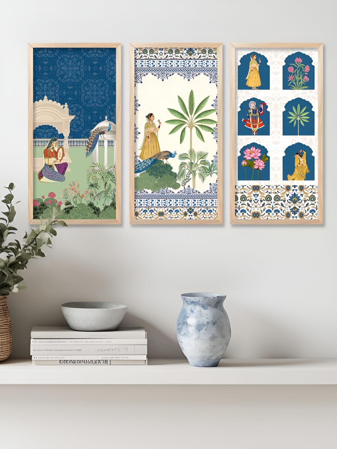 

WALLLANE Navy Blue & White 3 Piece Wood Abstract Wall Paintings