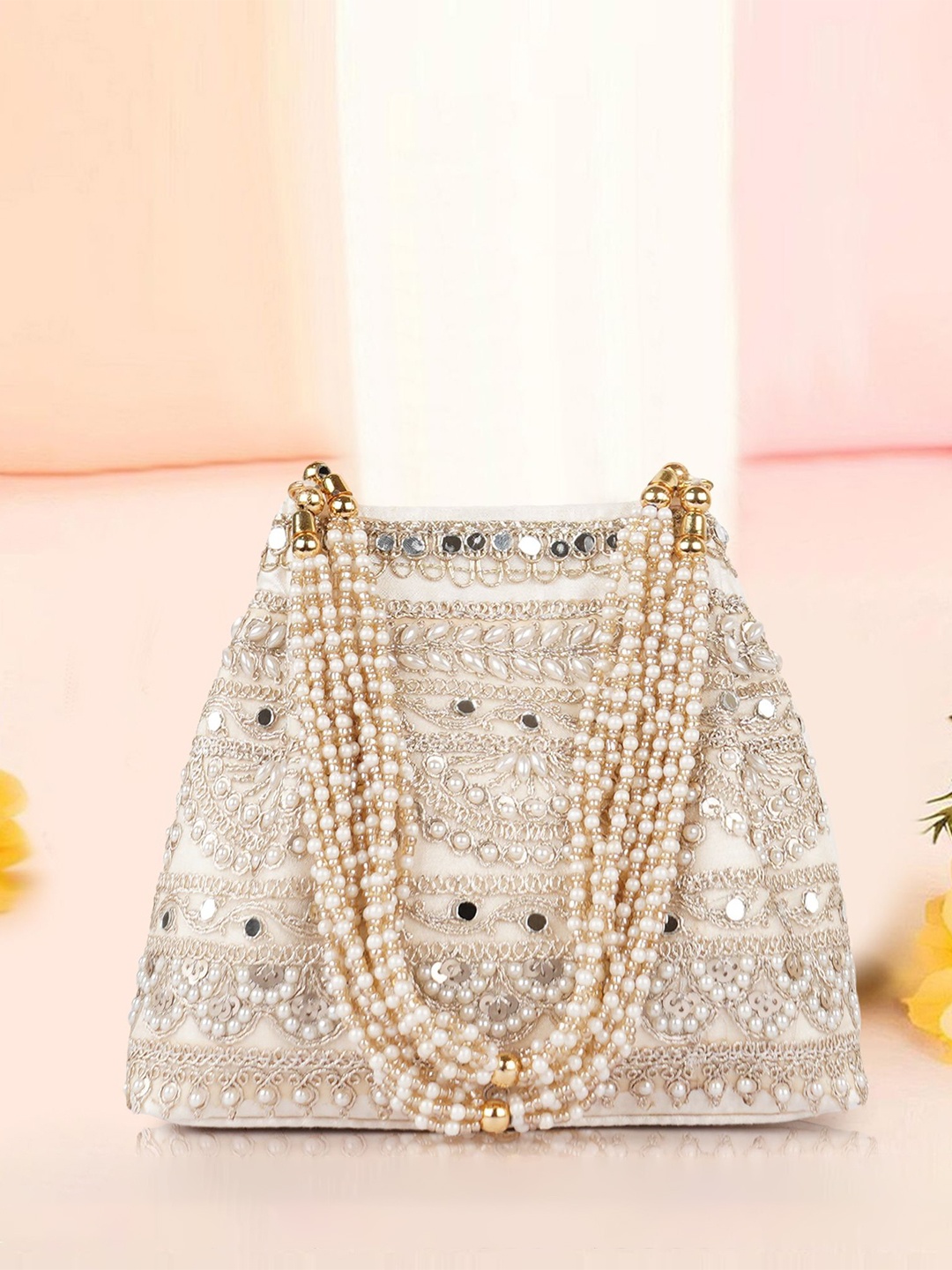 

PLANX Embroidered Embellished Potli Clutch, Gold