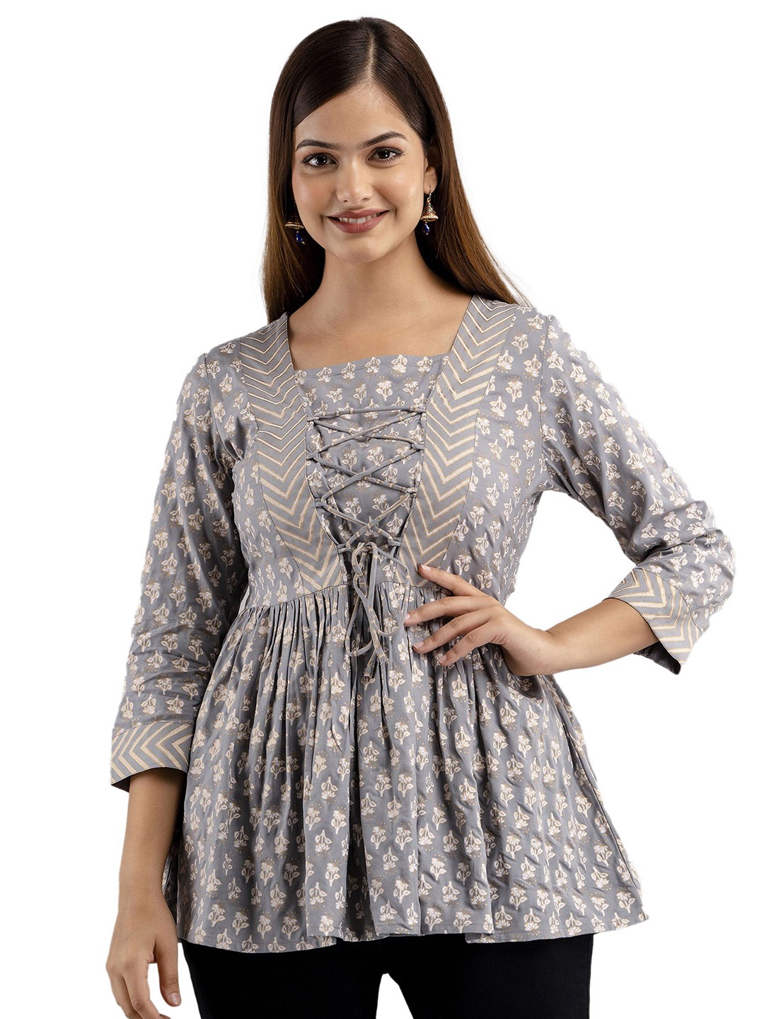 

DMP FASHION Floral Print Cotton Cinched Waist Top, Grey