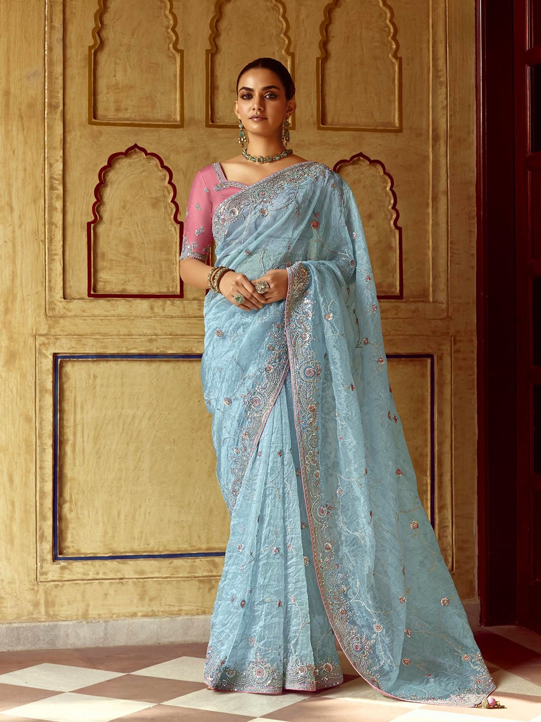 

House of D&S Embellished Soft Pastel Blue Organza Designer Saree