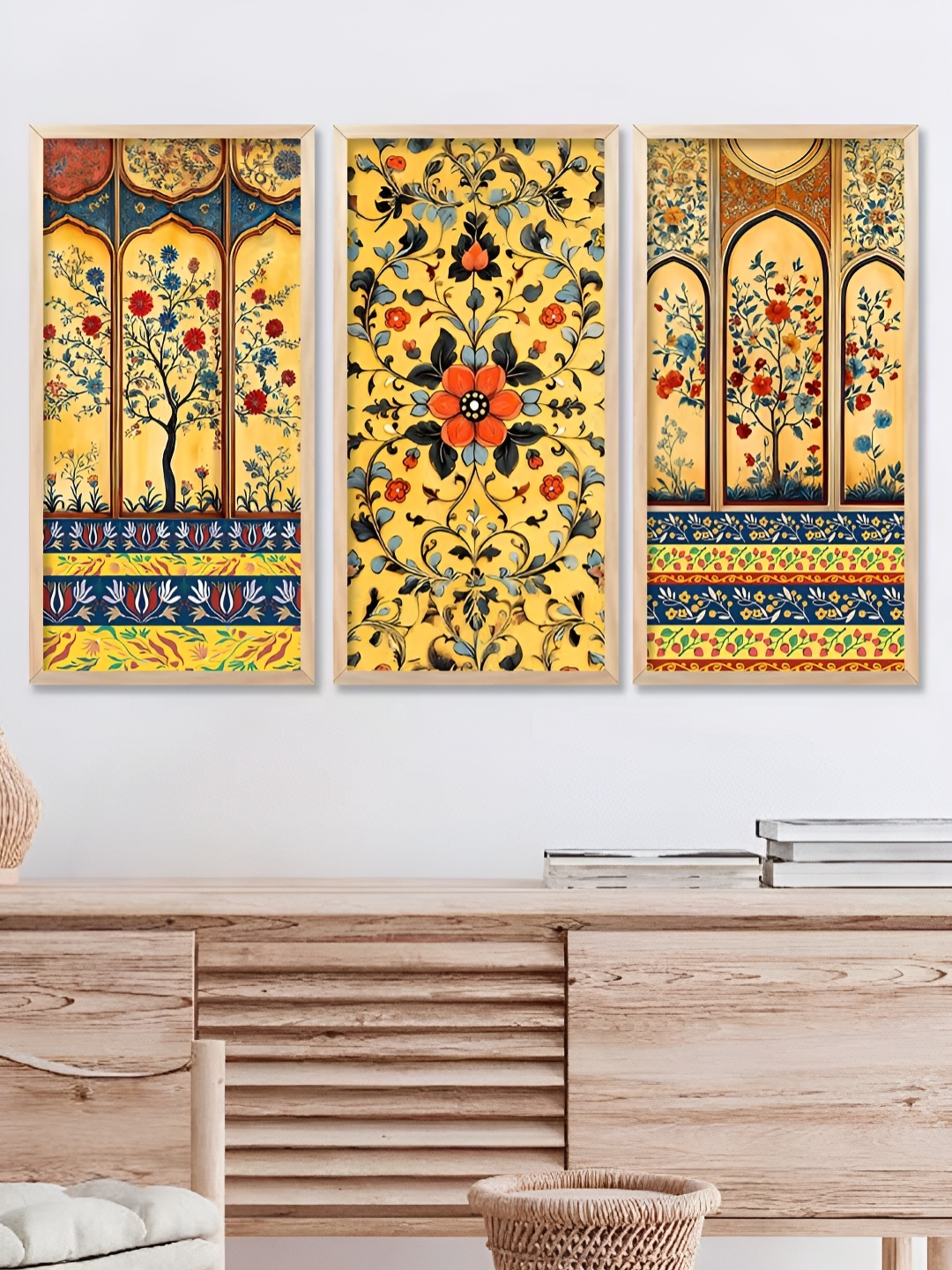 

WALLLANE Yellow & Red 3 Piece Wood Floral and Botanical Wall Paintings