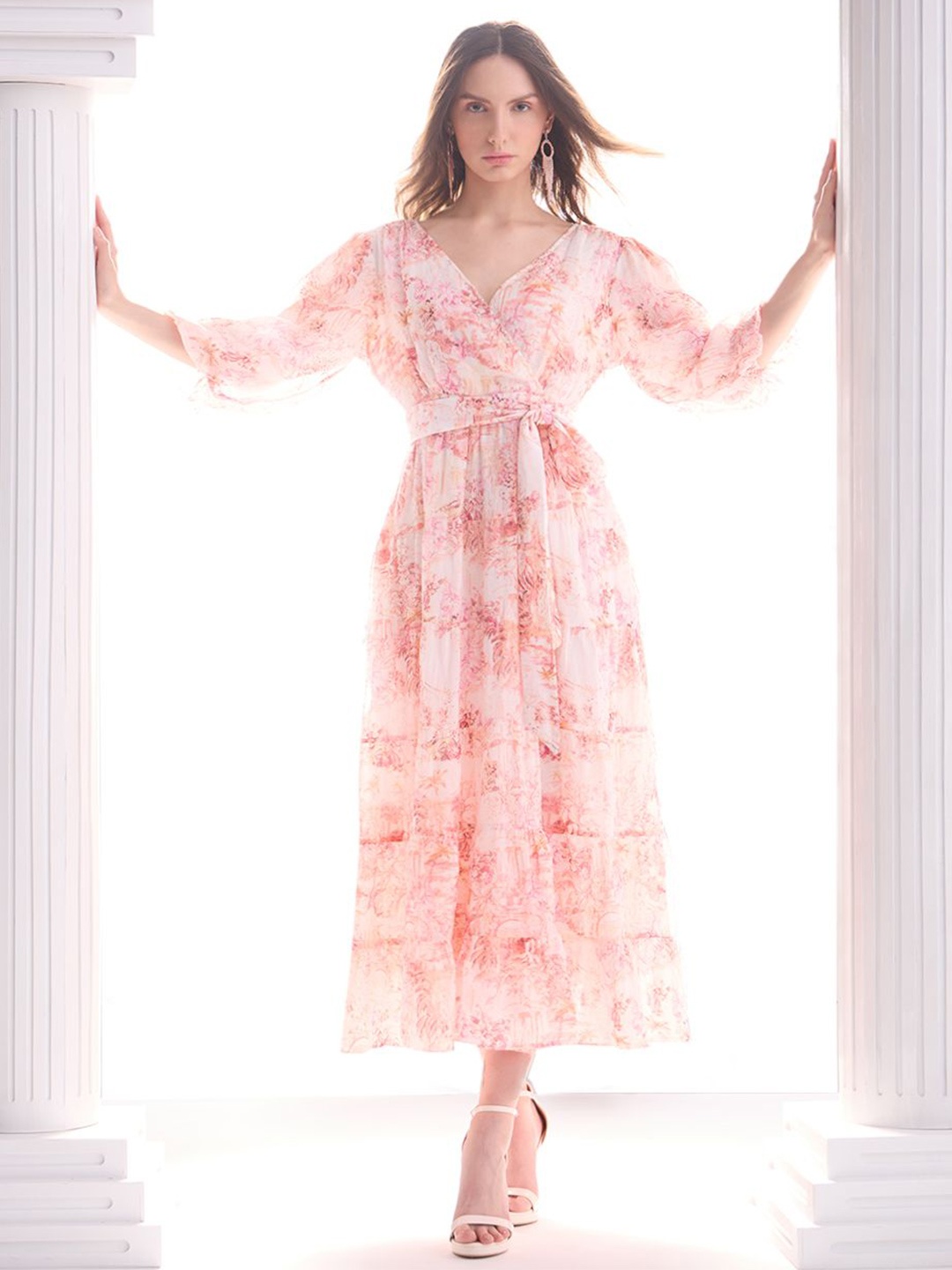 

Vero Moda Floral Print Bishop Sleeve Layered Fit & Flare Maxi Dress, White