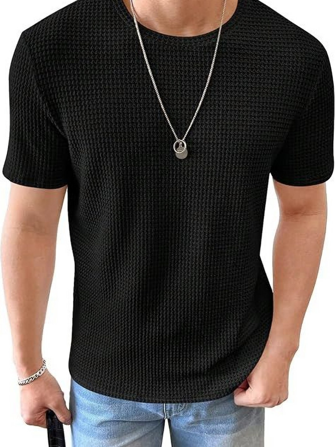 

Colorchakra Men Printed V-Neck Drop-Shoulder Sleeves Pockets T-shirt, Black