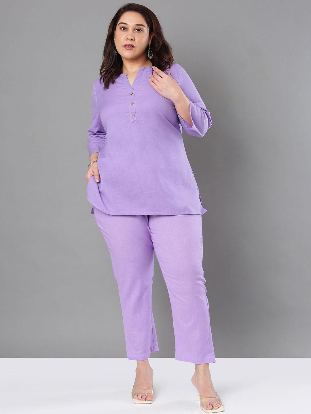 

Sztori Pure Cotton Mandarin Collar Top With Trousers Co-Ords, Purple