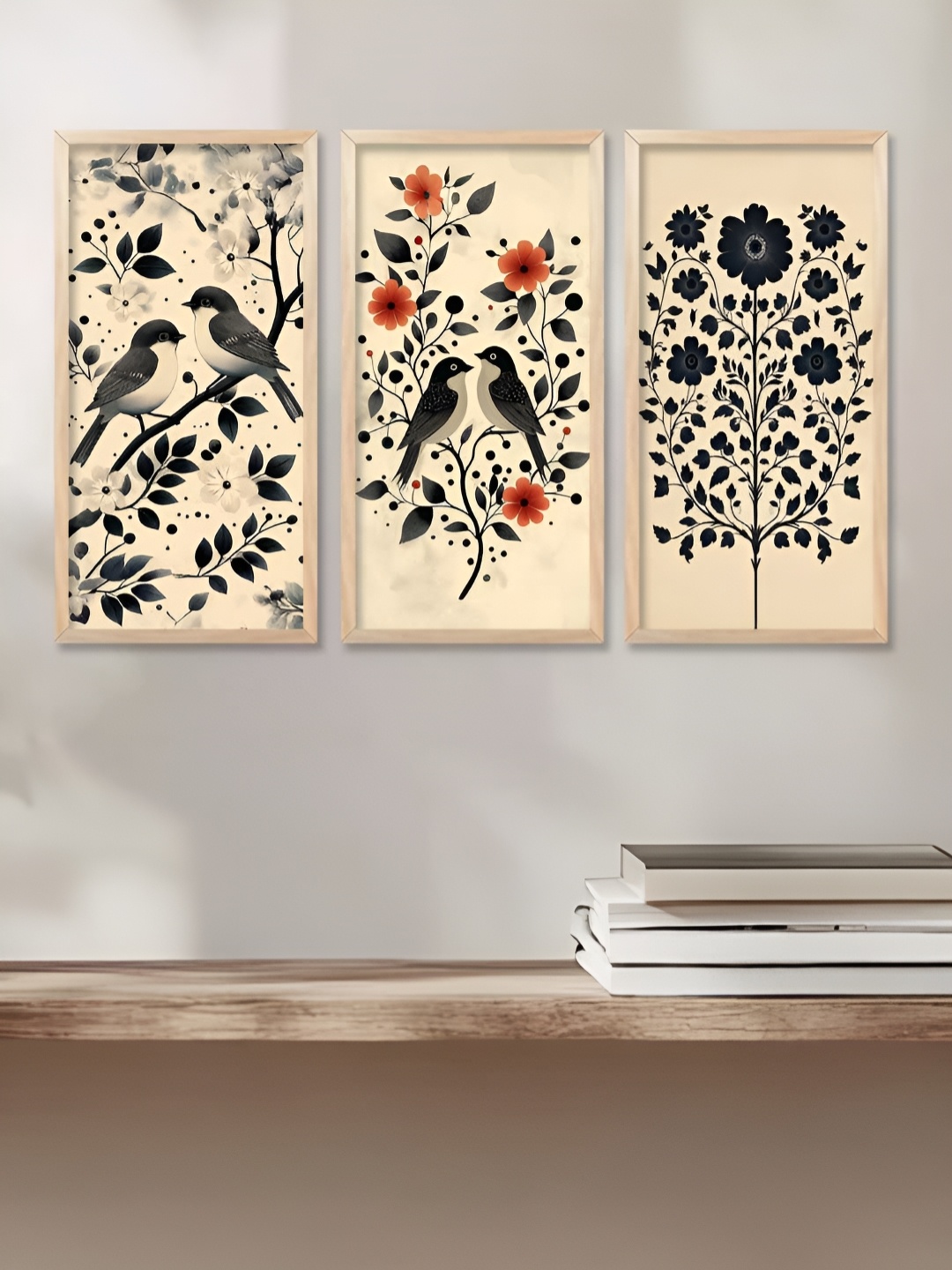 

WALLLANE Beige & Black 3 Piece Wood Abstract Wall Paintings