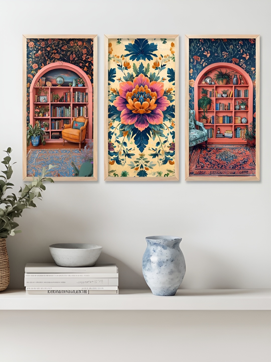 

WALLLANE Brown & Orange 3 Piece Wood Abstract Wall Paintings