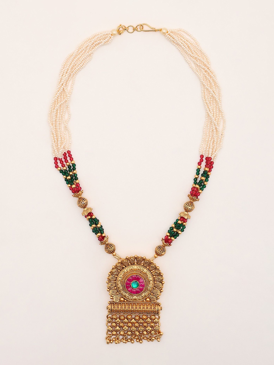 

Exotic India Multi Strand Floral Design Long Necklace & Earrings Set, Gold