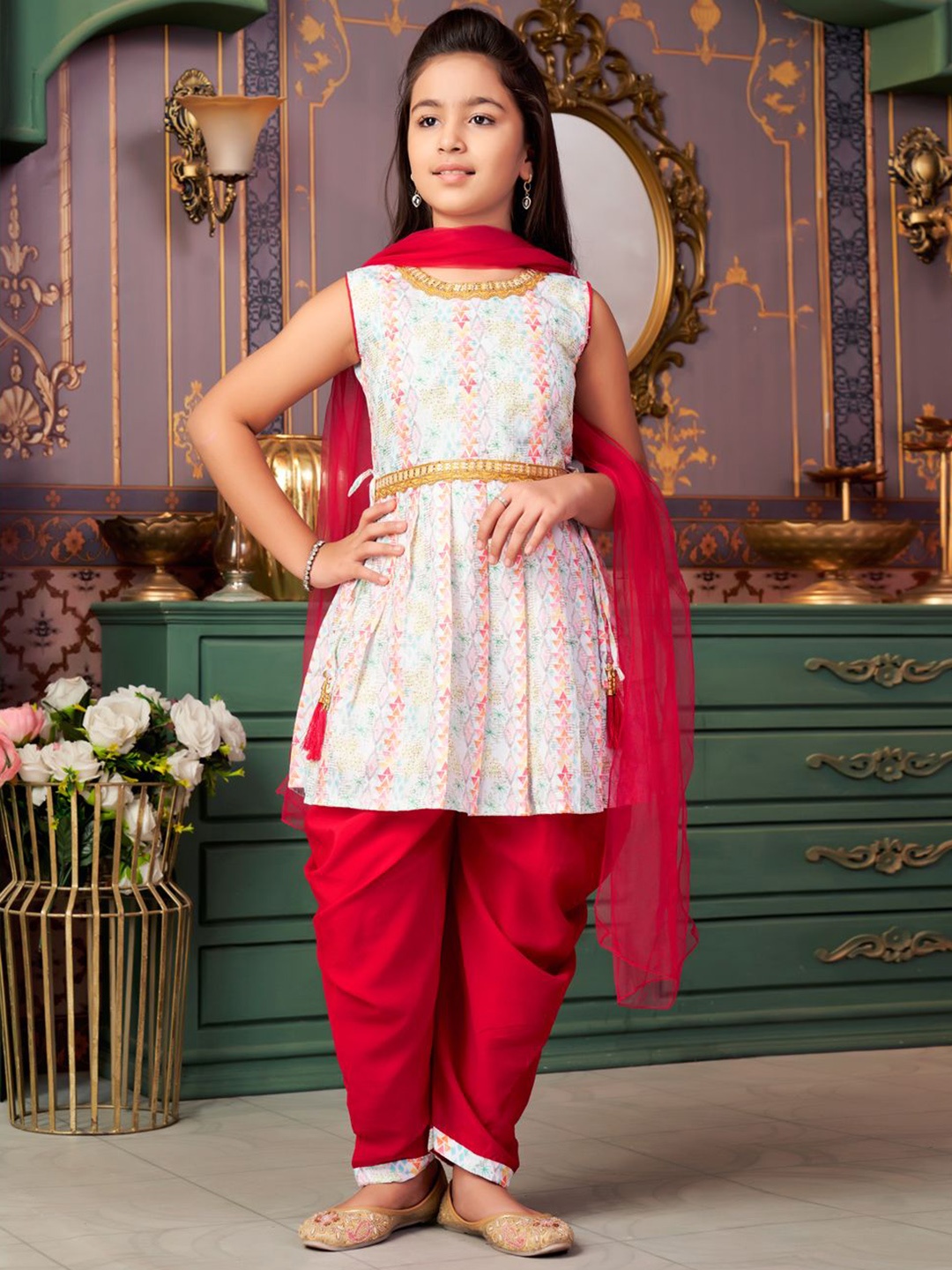 

BAESD Girls Floral Printed Round Neck Zari A-Line Kurta With Dhoti Pants & Dupatta, White