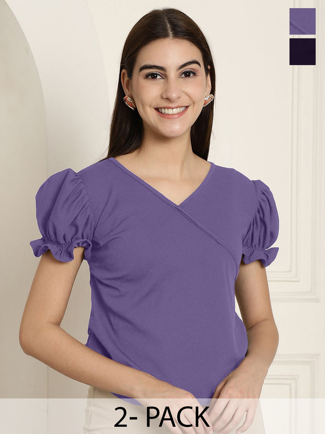 

Tromko Women Pack Of 2 Puff Sleeve Top, Purple