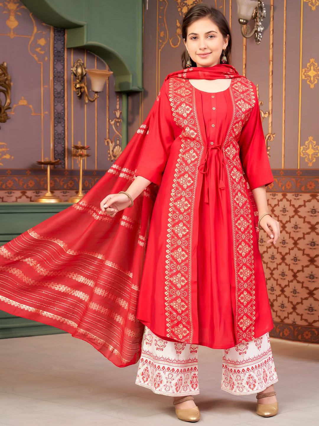 

Sangria Girls Ethnic Motifs Foil Printed A-Line Kurta, Red
