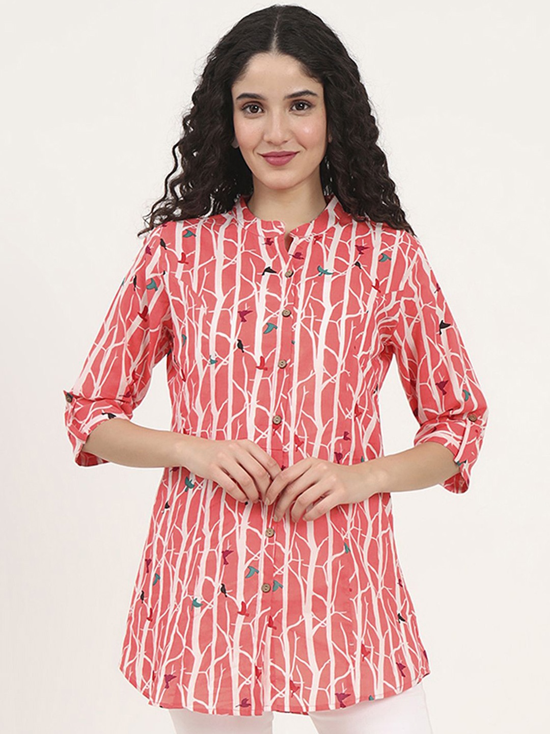 

KALINI Floral Print Mandarin Collar Roll-Up Sleeves Cotton Top, Pink