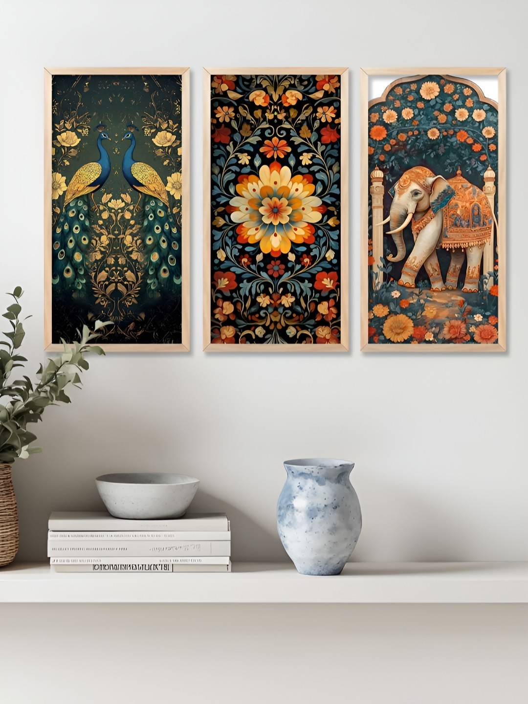 

WALLLANE Navy Blue & Yellow 3 Piece Wood Abstract Wall Paintings